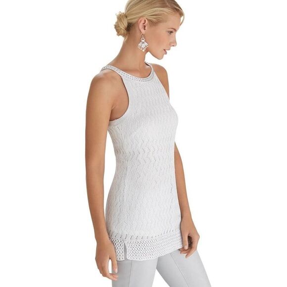 WHITE HOUSE BLACK MARKET EUC White Crochet Beaded Neck Halter Tunic XS - Picture 3 of 9